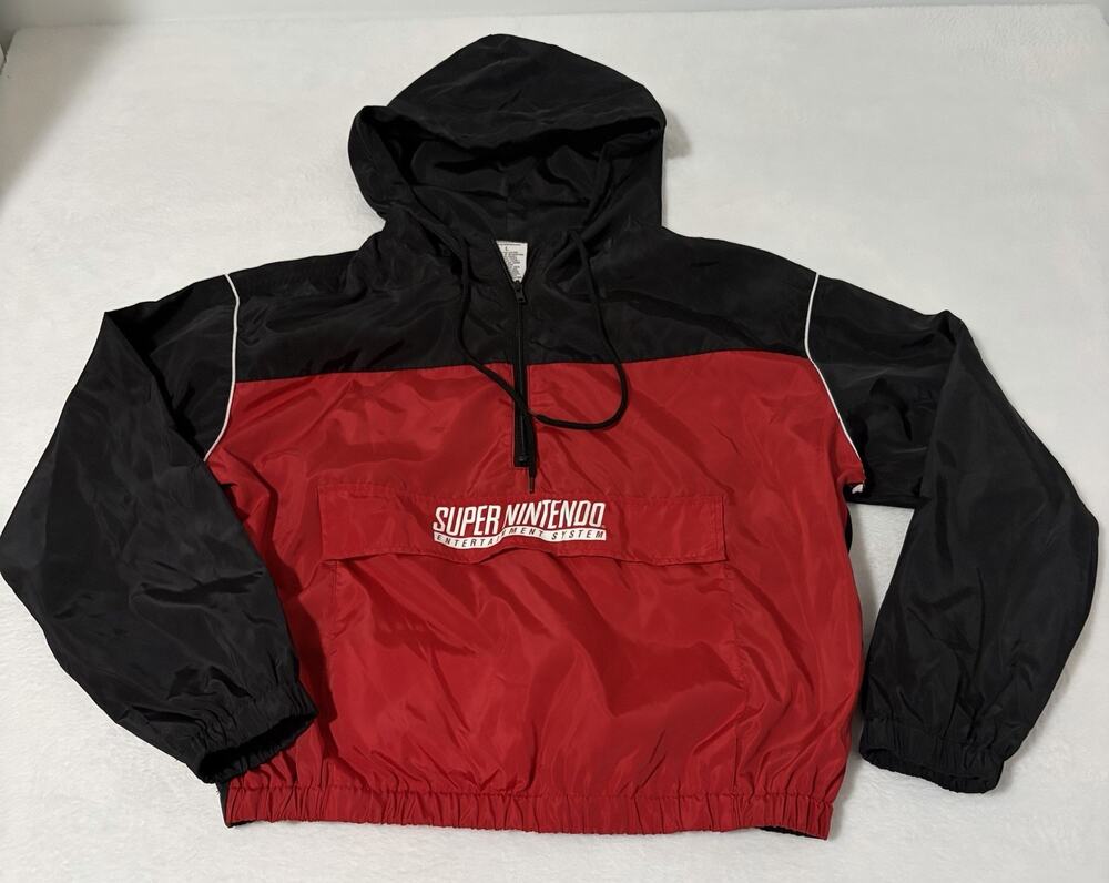 Super Nintendo Jacket Mens Large Windbreaker Half Zip Pullover Hooded